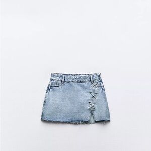 Stylish Denim Mini Skirt with Lace-Up Detail-Medium Mid-blue